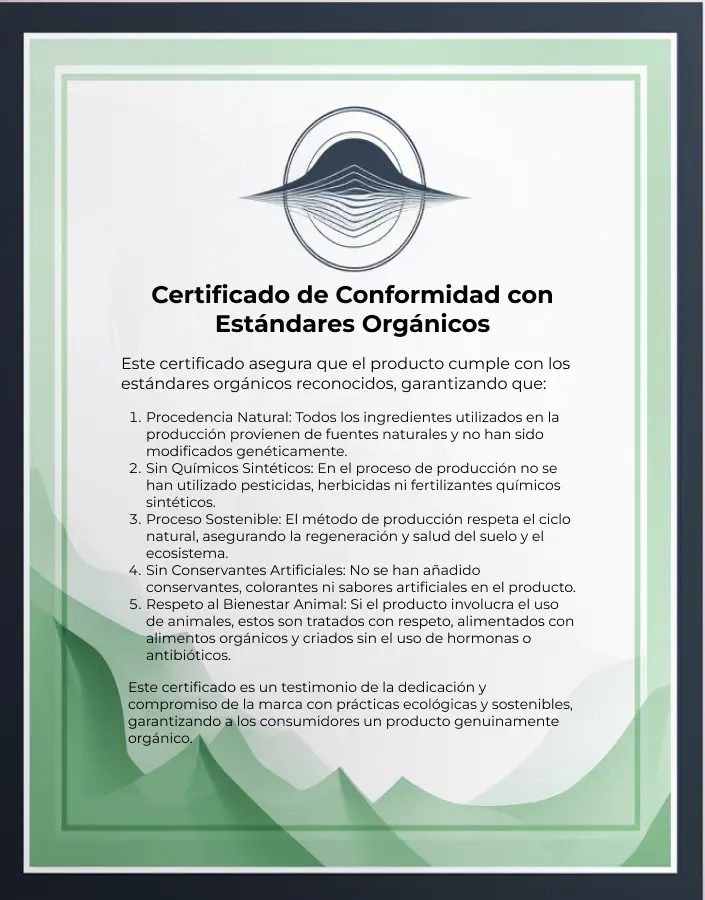 Certificado de cumplimiento con estándares orgánicos, asegurando prácticas sostenibles