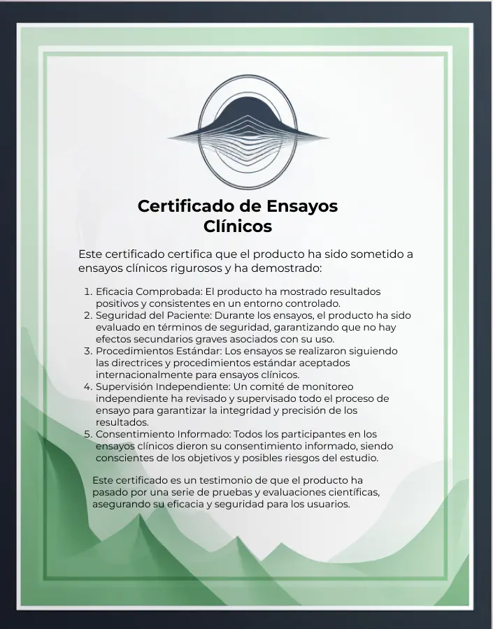 Certificado para ensayos clínicos, asegurando cumplimiento de protocolos médicos