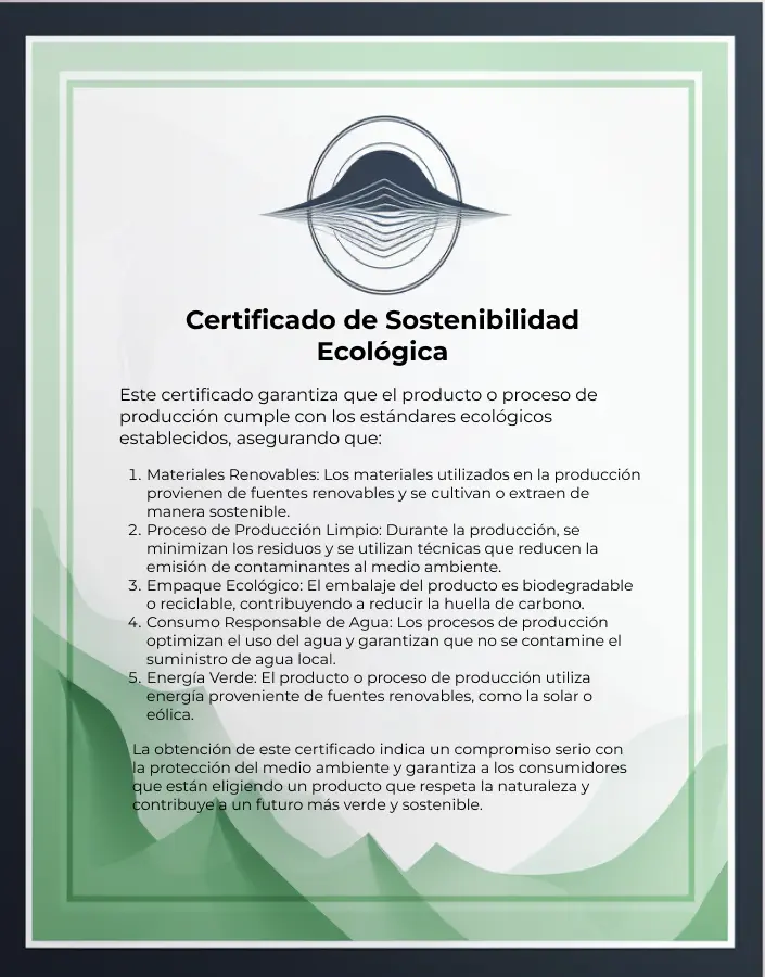 Certificado de sostenibilidad ambiental, mostrando compromiso con el medio ambiente